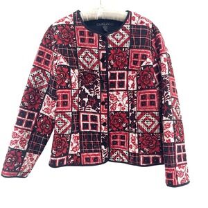 Silkland Quilted Patchwork Jacket XL 100% Silk Red Sequins Art to Wear Boho Glam